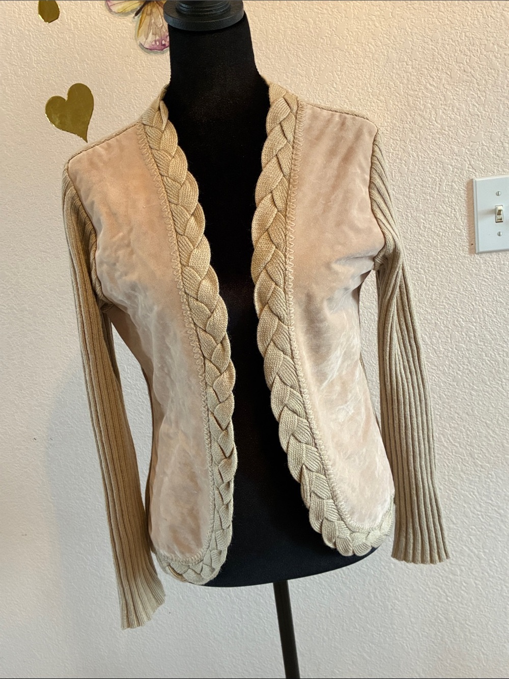 Beige Braided Trim Open-Front Women's Cardigan Jacket